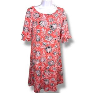 Size 10 Ronni Nicole Coral Peach Bright White Black Floral Stretch Short Sleeve